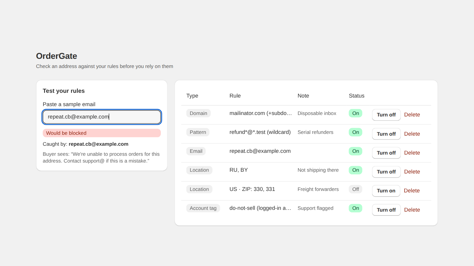 OrderGate rule tester, checking a sample email address against the saved rules.