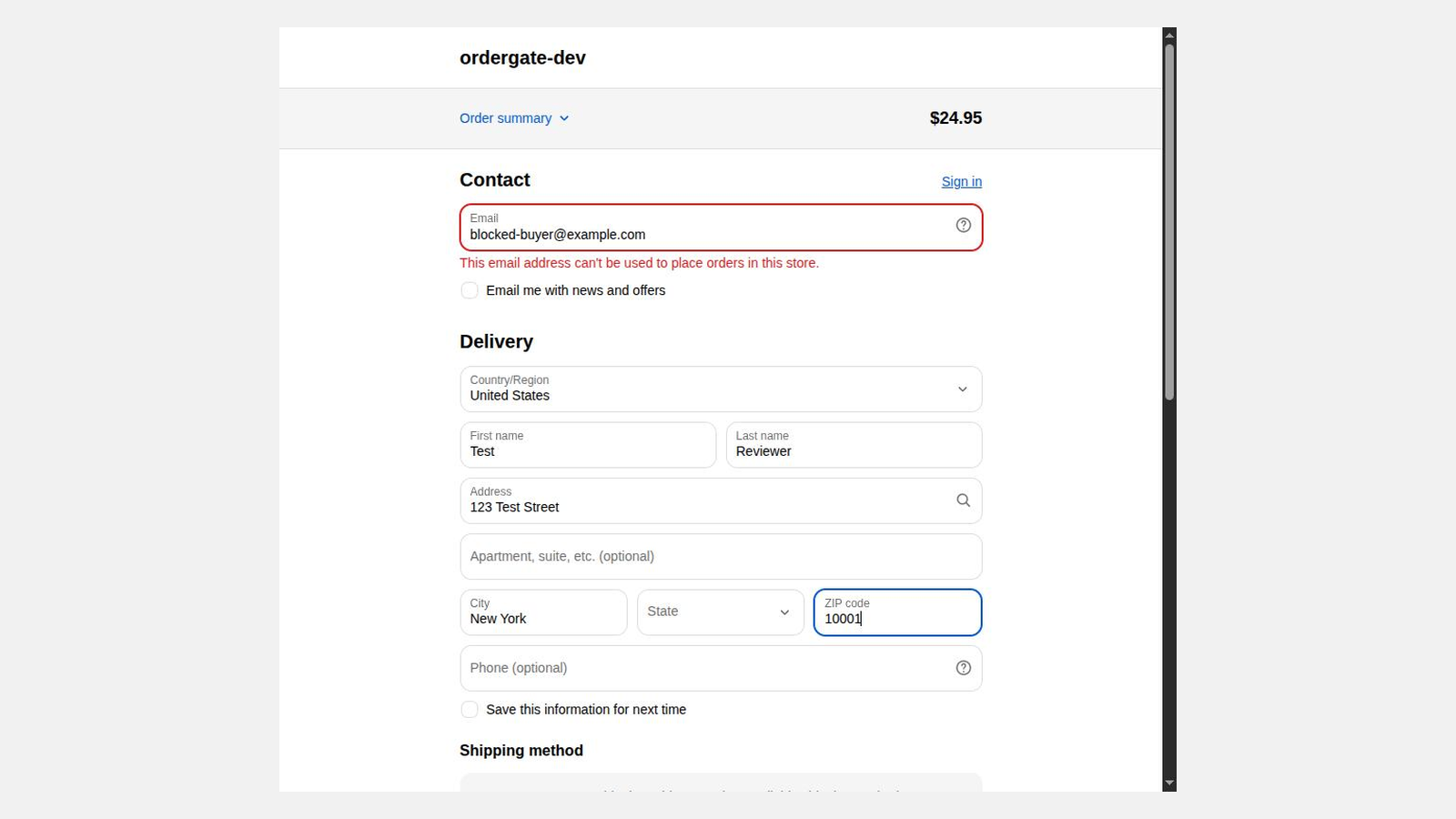 Shopify checkout showing the email field outlined in red with a rejection message beneath it.